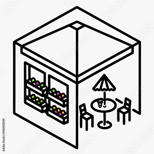 Isometric corner café with outdoor seating and umbrella  