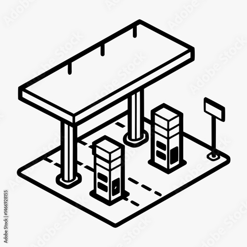 Modern Gas Station Isometric Design with Canopy and Pumps  