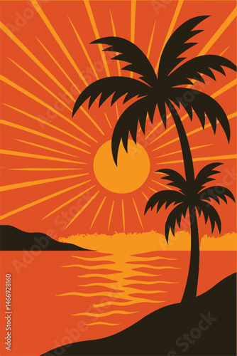 Tropical Sunset Beach Scene Silhouette