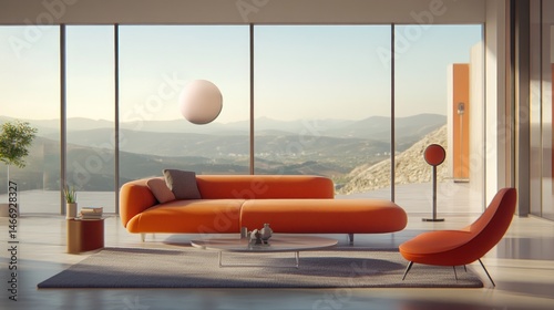 Modern Orange Living Room with Stunning Mountain View