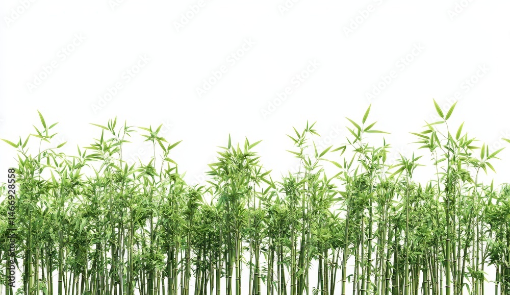 Naklejka premium Lush Green Bamboo Stalks with Dense Foliage in Natural Light on White Background Decorative Tropical Forest Design Element with Asian Zen Aesthetic