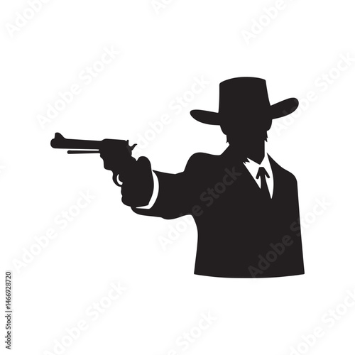 Saloon Gunman Vector Silhouette, Wild West, Cowboy Duel, Western Outlaw, Gunfighter Pose, Western Showdown, Gunslinger Action, Lawless Era.
