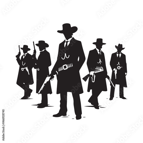 Saloon Gunman Vector Silhouette, Wild West, Cowboy Duel, Western Outlaw, Gunfighter Pose, Western Showdown, Gunslinger Action, Lawless Era.
