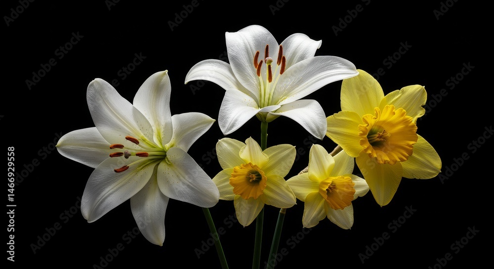 Obraz premium White Lilies and Yellow Daffodils on Black - Elegant lilies and daffodils arranged against a stark black backdrop. Symbolizing purity, hope, new beginnings, remembrance, and spring