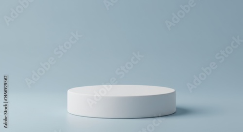 White Podium Display Platform - Minimalist product display, clean white cylinder podium on light blue background, symbolizing purity, simplicity, elegance, presentation, and branding