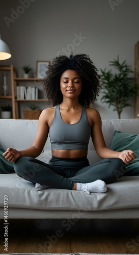 This depicts a serene home meditation practice with a woman sitting comfortably on a sofa in a lotus position, appearing relaxed and centered.