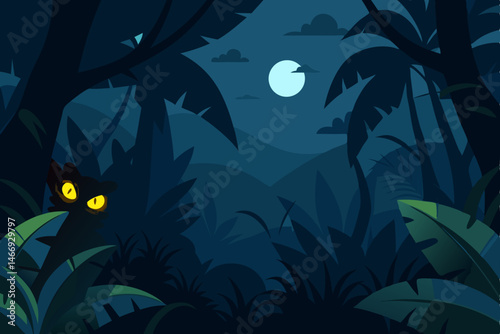 moonlit jungle with glowing eyes peeking through