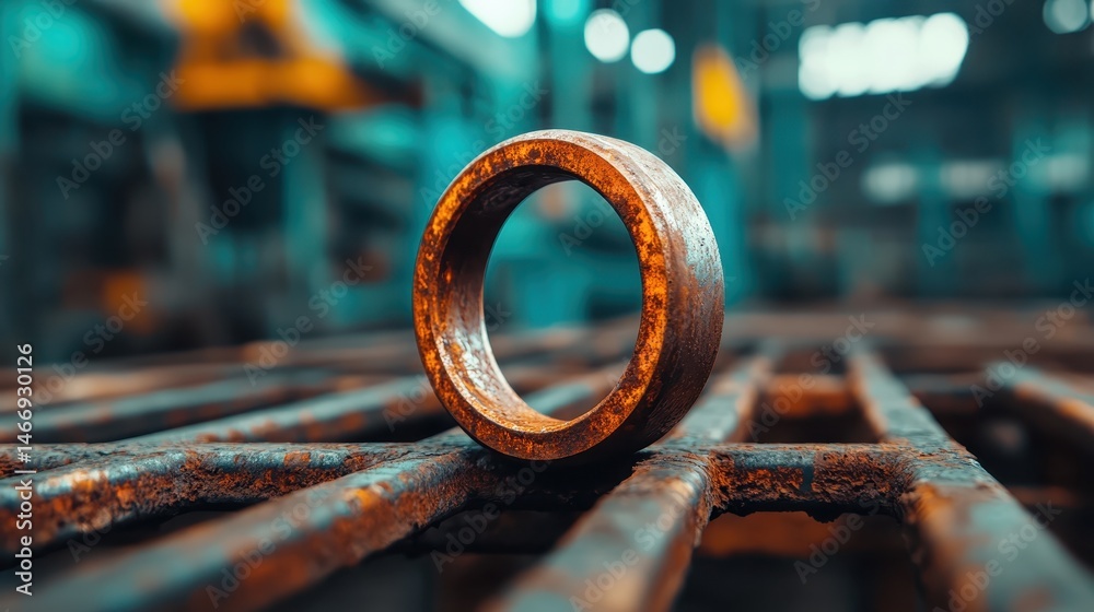 An aged, rusty metal ring positioned on industrial bars symbolizes the passage of time, decay, and the beauty found within imperfections in a manufacturing setting. An aged, rusty metal ring positioned on industrial bars symbolizes the passage of time, decay, and the beauty found within imperfections in a manufacturing setting.