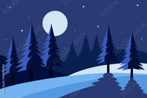 moonlit winter landscape with tall pines and froze