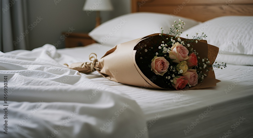 Roses Bouquet Lying on Bed with White Sheets and Pillows