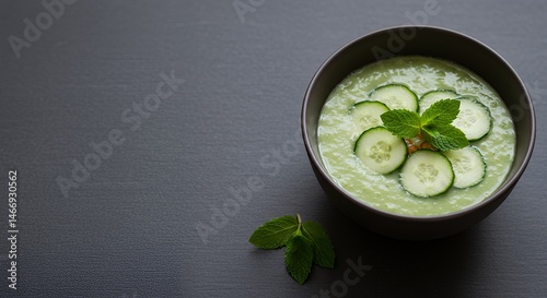 Obraz na płótnie Serving Cold Cucumber Soup in a Bowl with Mint Garnish w salonie
