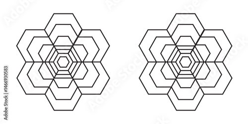 Abstract icon set with interlocking hexagonal patterns on a white background. Abstract, adjacent icon. Line, outline symbol. Abstract Digital background. Business growth transformation to digital.