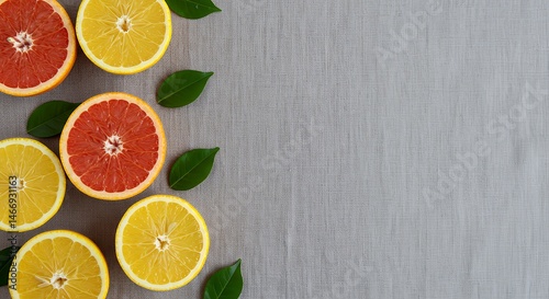 Obraz na płótnie Sliced Grapefruit and Lemon Arrangement with Green Leaves on Fabric w salonie
