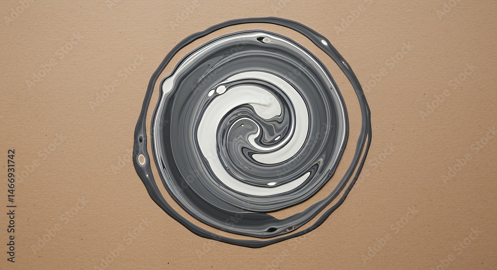 Swirling Gray and White Paint Creating Abstract Art on Tan Background