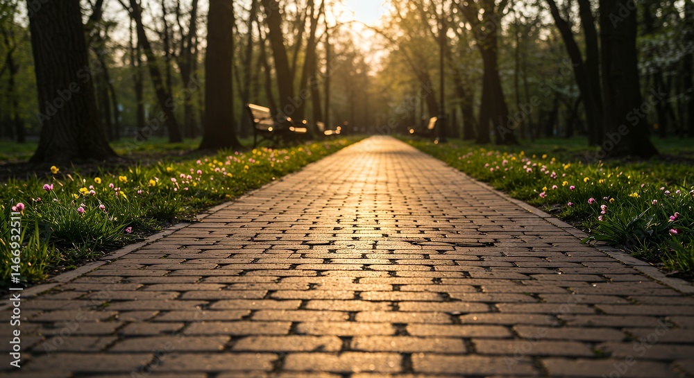 Walking Along a Brick Path in a Park at Sunset