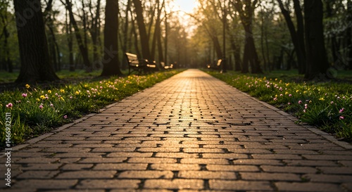 Obraz na płótnie Walking Along a Brick Path in a Park at Sunset w salonie