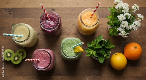 Obraz na płótnie Variety of Fruit Smoothies in Mason Jars on Wooden Surface w salonie