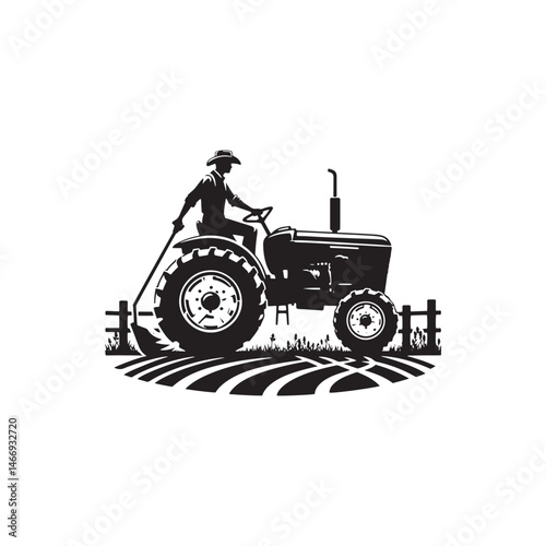 Tractor Cowboy Worker Vector Silhouette, Farm Life, Western Worker, Agricultural Cowboy, Ranch Work, Tractor Rider, Cowboy Farming Action.

