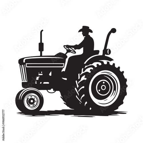 Tractor Cowboy Worker Vector Silhouette, Farm Life, Western Worker, Agricultural Cowboy, Ranch Work, Tractor Rider, Cowboy Farming Action.
