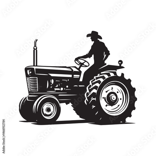 Tractor Cowboy Worker Vector Silhouette, Farm Life, Western Worker, Agricultural Cowboy, Ranch Work, Tractor Rider, Cowboy Farming Action.
