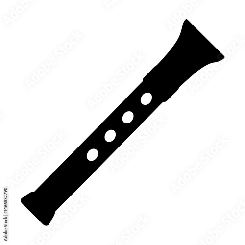 A simple black and white silhouette illustration of a recorder instrument