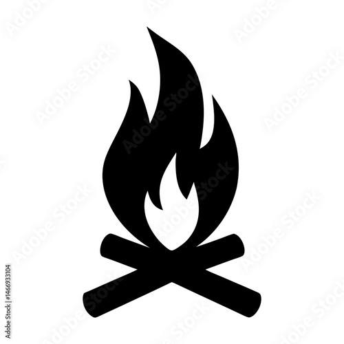 Simple black silhouette illustration of a campfire with firewood logs