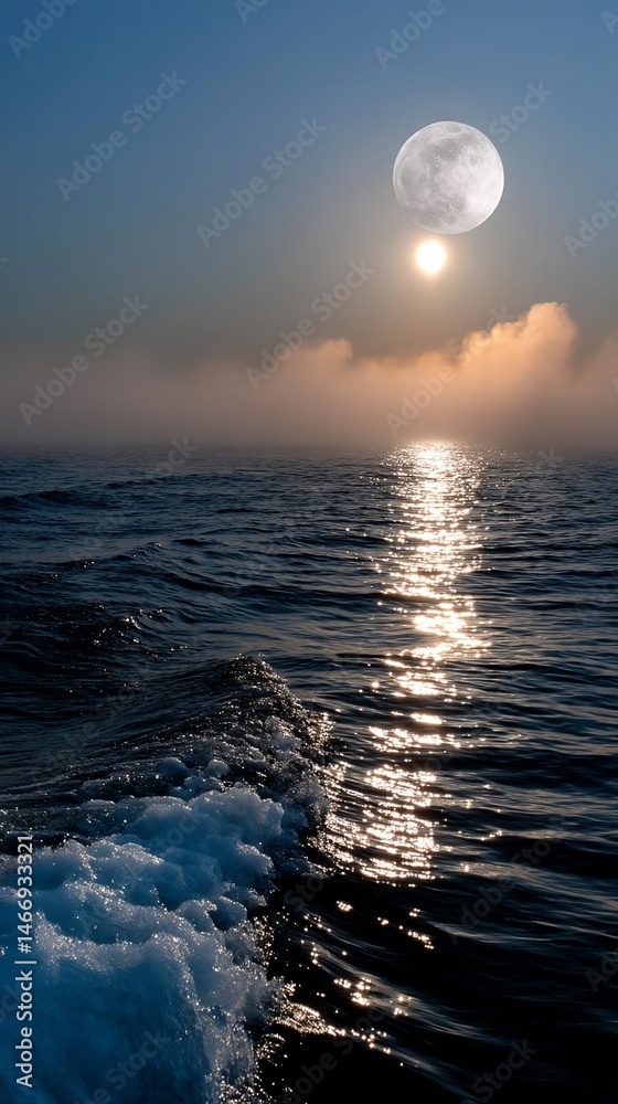 Misty sunrise over the sea, moon and sun Misty sunrise over the sea, moon and sun