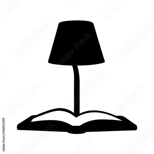 A simple black and white drawing of a lamp over an open book