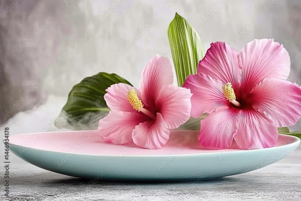 Fototapeta premium Pink hibiscus flowers on a pastel plate