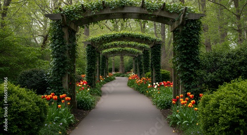 Obraz na płótnie Walking Path Through Garden Arches with Colorful Tulips in Springtime w salonie