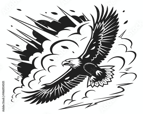 Vector illustration design of a black flying eagle, a wild bird with strong wings, as a tattoo silhouette symbol