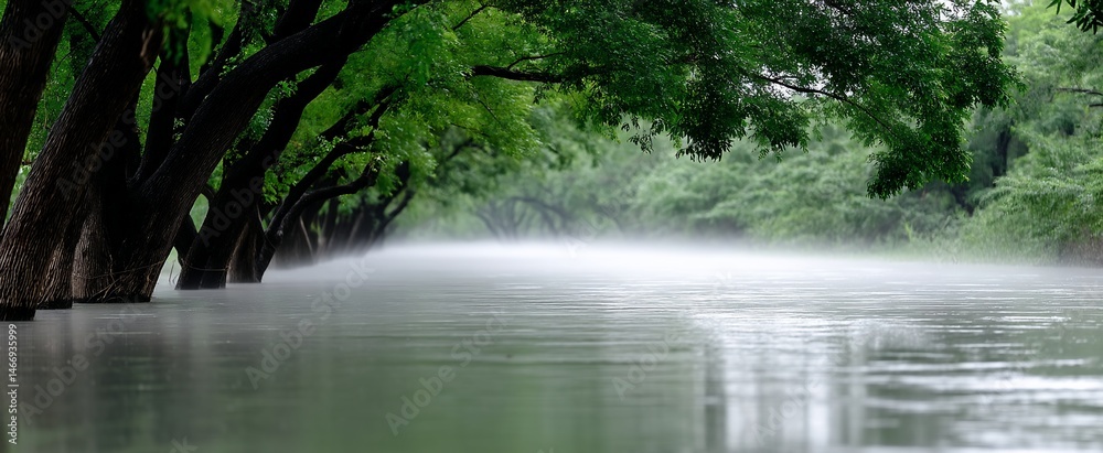Naklejka premium Misty River Underneath Lush Trees