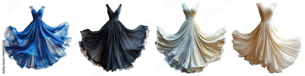 Set of Luxurious Sleeveless Gowns with Draped Fabrics and Twirling High-Low Hemlines Capturing Dynamic Movement Isolated on Transparent Background Set of Luxurious Sleeveless Gowns with Draped Fabrics and Twirling High-Low Hemlines Capturing Dynamic Movement Isolated on Transparent Background