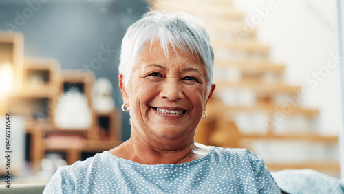 Bild auf Leinwand Senior, woman and happy with portrait in home for relax, comfortable and peaceful in retirement