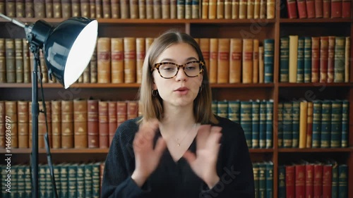 Young woman in glasses speaks to camera in front of law books, representing knowledge, digital professionalism and confident female presence in modern media work