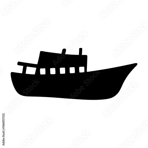 Simple Black Silhouette Illustration of a Boat or Ship Sailing on Water