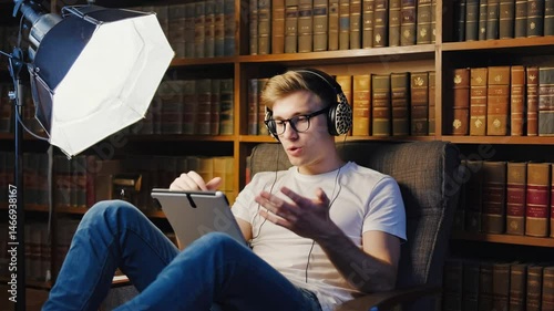 Young man with glasses and headphones speaks on tablet in home office setup, confidently creating content, showing digital fluency and modern communication