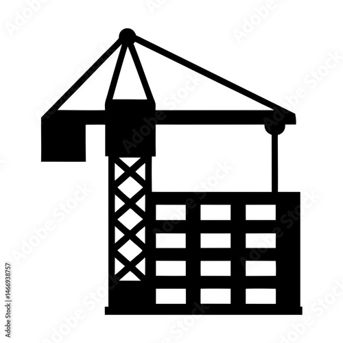 Silhouette of a construction crane on a building under construction against white