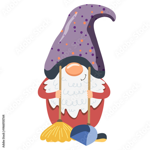 Illustration of a cute gnome holding a broom and dustpan, a helpful character concept for cleaning tasks,