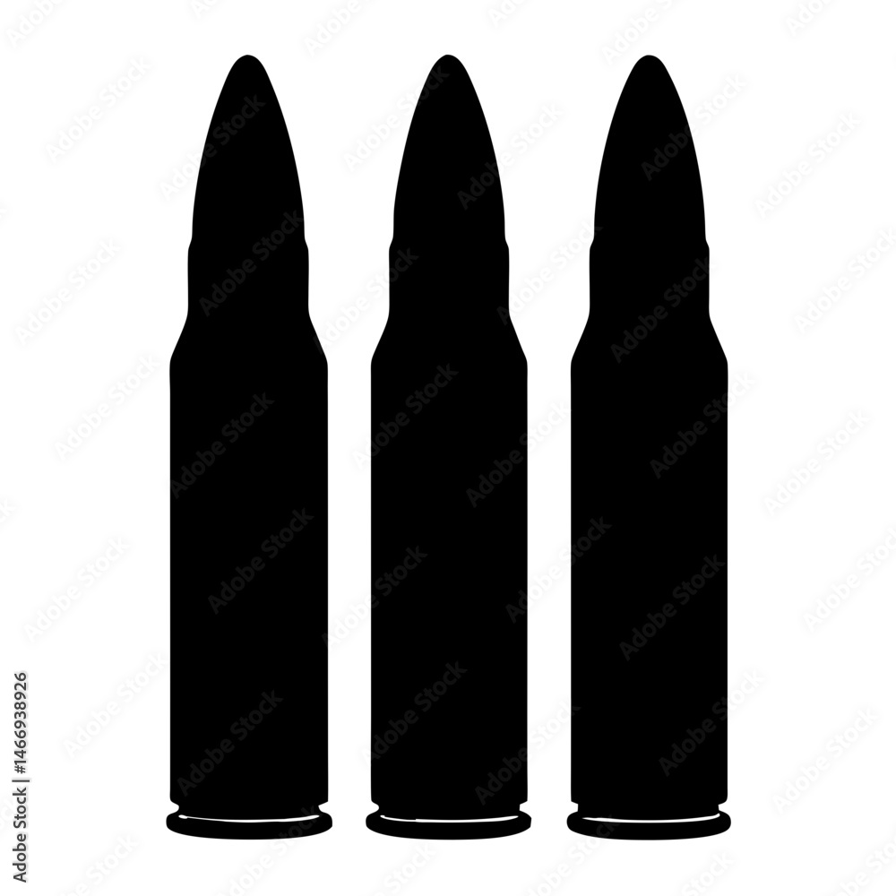 Three black rifle rounds with a simple and stark black silhouette Three black rifle rounds with a simple and stark black silhouette