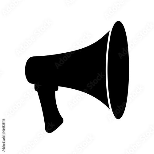 Black megaphone silhouette on white background, communication and announcement tool