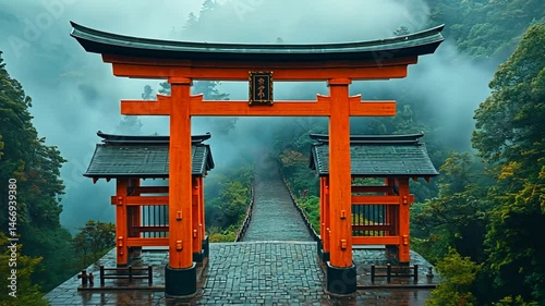 Majestic torii gate amidst misty mountains