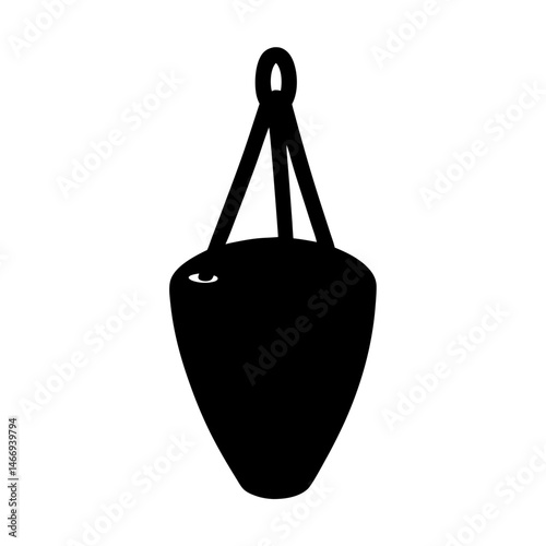 Silhouette of a black punching bag hanging from straps, on white background