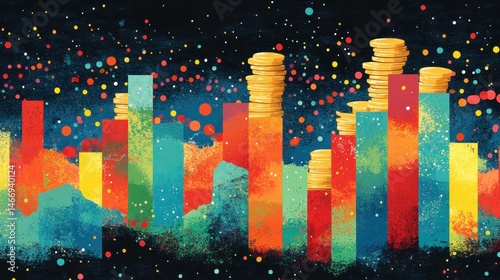 Abstract Financial Growth Colorful Chart with Coins and Sparkles Artistic Rendition for Economic Success and Investment