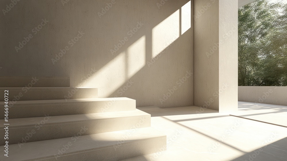 Obraz premium Modern stairs, sunlit interior, garden view, minimalist design, home decor