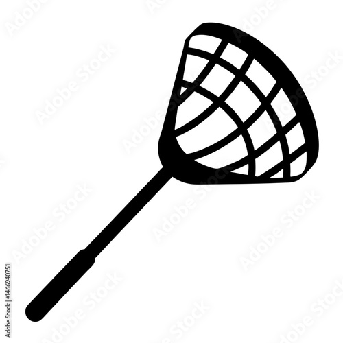 Black and white illustration of a long handled catching net isolated