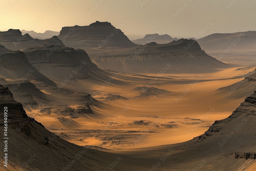 Fototapeta premium Vast desert mountainscapes. Sunrise or sunset light illuminates dramatic canyons and ridgelines
