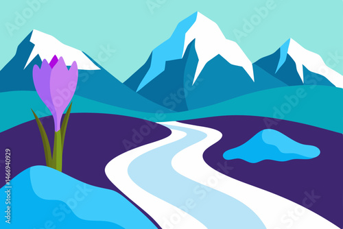 mountain stream in spring with melting snow 
