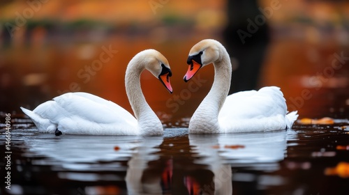 Fototapeta Naklejka Na Ścianę i Meble -  A picturesque scene of two white swans gracefully gliding on calm autumn waters, surrounded by vibrant orange and yellow foliage in the background.