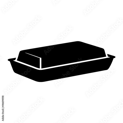 Black and white graphic illustration of a closed styrofoam food container
